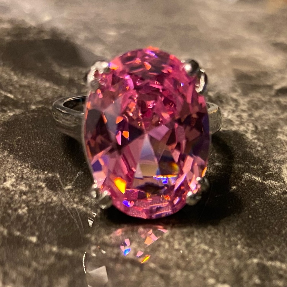 Elegant Pink Oval Solitaire Synthetic Cubic Zirconia Silver Plated Ring